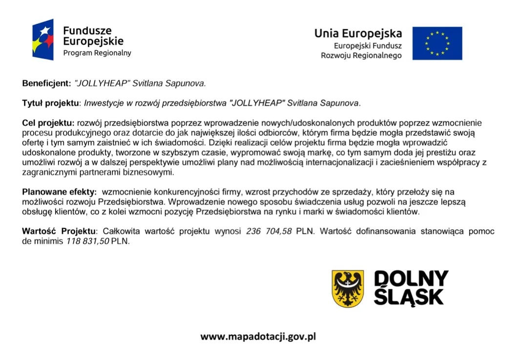 Fundusze Europejskie – Program Regionalny, Unia Europejska – Europejski Fundusz Rozwoju Regionalnego, Dolny Śląsk, www.mapadotacji.gov.pl